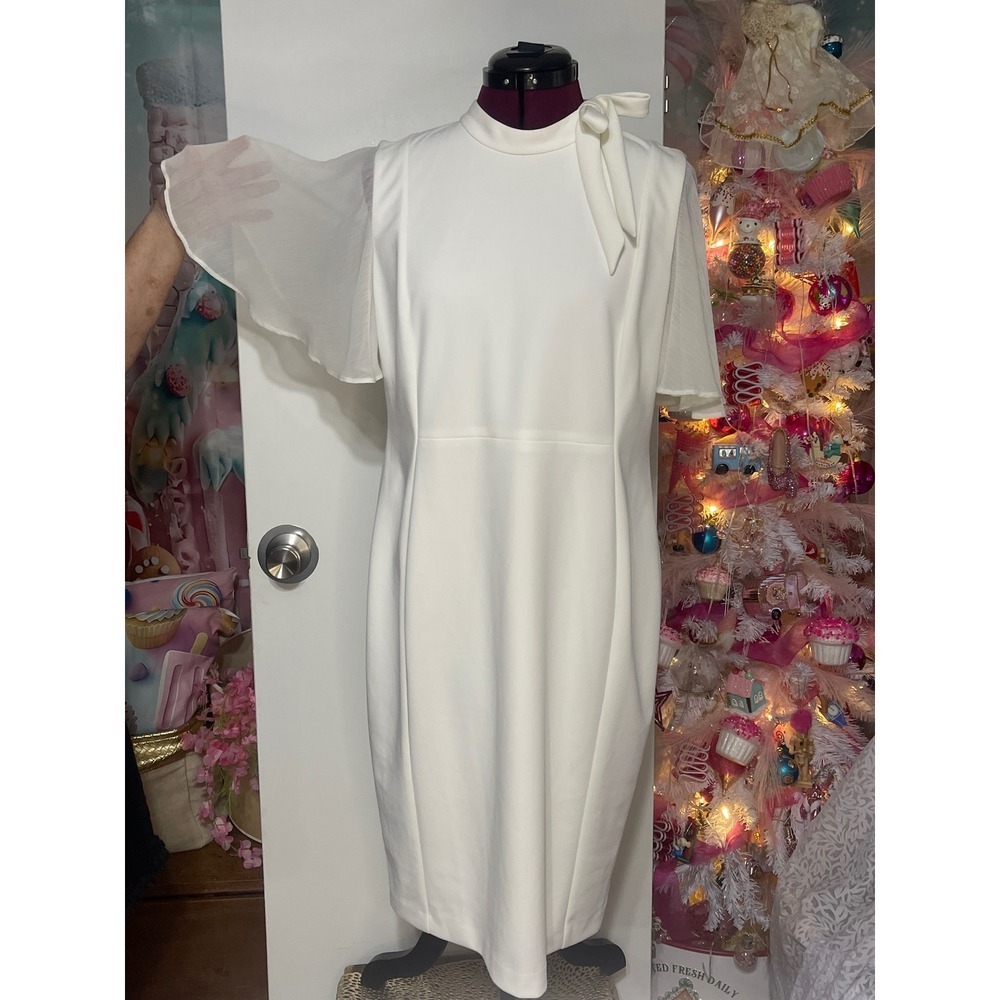 Calvin Klein Sheath Dress Women 16W White Good Tie Neck Flutter Sleeve D3CP2W - Picture 3 of 10